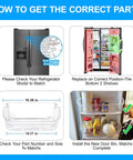 Infographic on installing 2 Pack Beefed Up Refrigerator Door Bin Replacement For Side By Side Models, showing steps and dimensions.