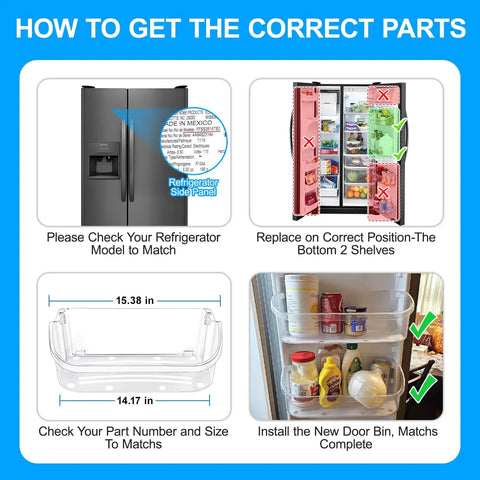 Infographic on installing 2 Pack Beefed Up Refrigerator Door Bin Replacement For Side By Side Models, showing steps and dimensions.