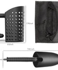 Heavy Duty Black Sand Scoop And Shovel For Metal Detecting Gear Kids And Adults Beach Treasure Hunting Sifter Digging Tool With Mesh Bag Weather Resistant And Rustproof showing size measurements, handle and mesh bag