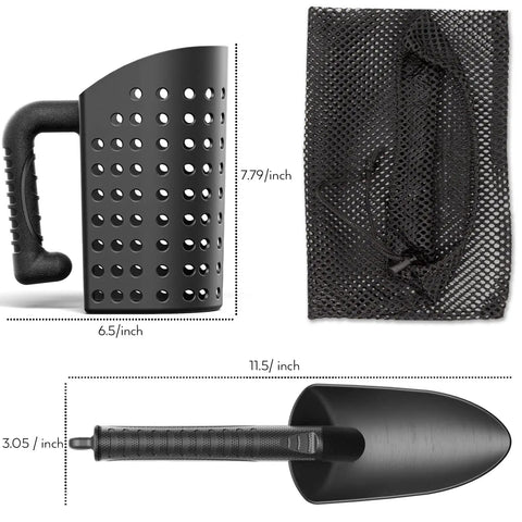 Heavy Duty Black Sand Scoop And Shovel For Metal Detecting Gear Kids And Adults Beach Treasure Hunting Sifter Digging Tool With Mesh Bag Weather Resistant And Rustproof showing size measurements, handle and mesh bag