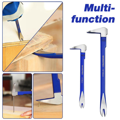 Two Piece Nail Puller Set With 12 Inch Pry Bar And 8 Inch Mini Crowbar for Home Renovation showcased in various uses and angles.