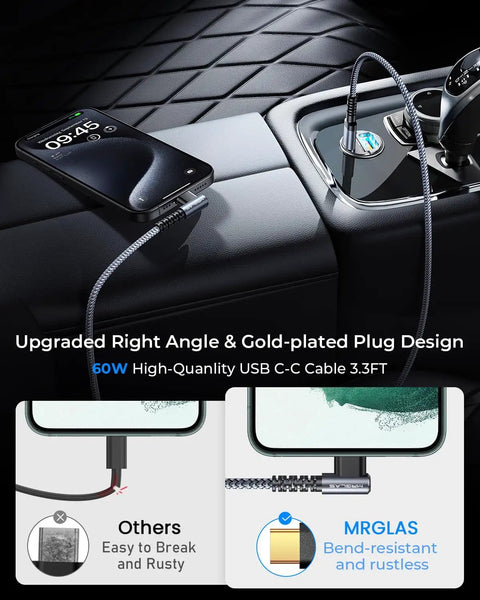 No Hassle 125W Car Fast Charger With PD 65W USBC and QC 60W USBA Dual Port Output Charging Cable For iPhone 17 16 Pro Max Samsung Galaxy S24 Ultra Plug N Play Beast with braided cable in car interior.