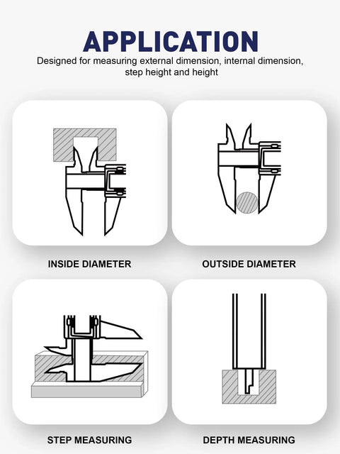 Rechargeable Digital Caliper Six Inch With Backlit LCD Screen And Auto Off All Metal Zinc Alloy Frame showing measurement uses