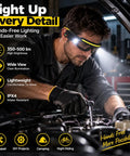 Smart Safety Glasses With Touchless Control And Five Rechargeable Lighting Modes, Waterproof Led Headlamp Ready To Roll For Job Sites Or Night Fishing Adventures worn by a man inspecting a car engine in a workshop.