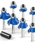 Top Shelf 7 Piece 1/4 Inch Shank Roundover Router Bit Set Featuring Razor Sharp Micrograin Carbide Cutters, blue carbide bits with bearings.