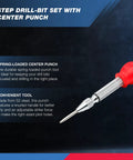 Badass High Speed Steel Step Drill Bit Set With Auto Center Punch five piece kit featuring a silver spring-loaded punch tool.