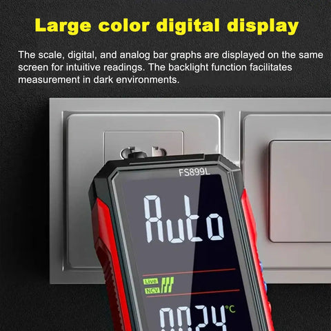 Pro Grade USB Rechargeable Digital Multimeter With 6000 Counts, Auto Range Display showing 'Auto' reading near socket