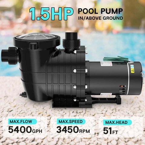 Heavy Duty 1.5 HP Pool Pump 115V 230V Dual Voltage 600GPH Self Priming Model with black housing, designed for in/outdoor pools.