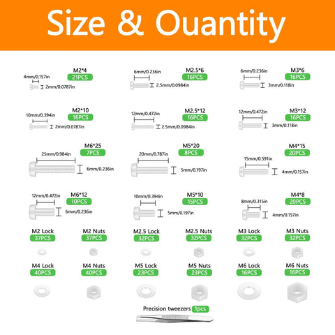 Diagram of All In One White Nylon Pan Head Screws And Nuts Kit With Washers, sizes from M2 to M6, showing quantity and dimensions.