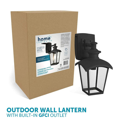 Go-To Outdoor Wall Lantern 1 Light With Seeded Glass And Built In GFCI Outlet Black Finish with packaging