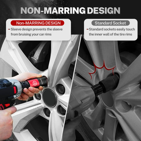 Demonstration of Flip Lug Nut Socket Set 1/2 Inch Thin Wall Impact Sockets with non-marring sleeves on car wheel rim.