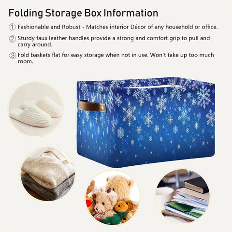 Dang Cool Canvas Storage Basket With Sparkly Winter Snowflake Pattern Heavy Duty Foldable Bin, blue, holds toys and clothes.