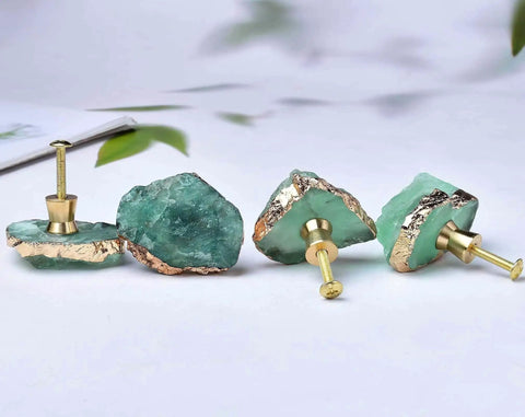 Green Fluorite Stone Cabinet Knobs Set Dope Healing Crystal Drawer Handles Gold Plated Gemstone Cupboard Pulls For Home Office Decor Fits Kitchen Cabinets Dressers 4 Pack.