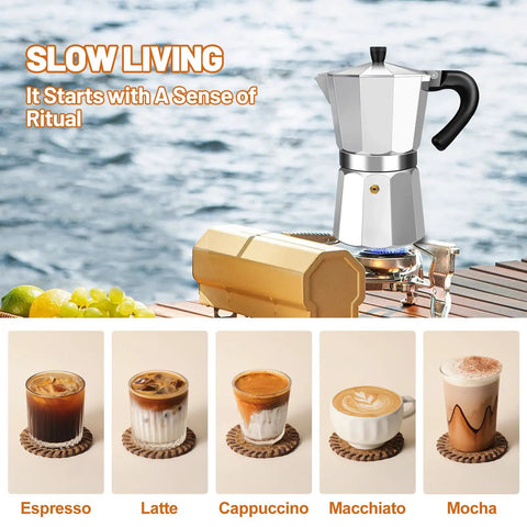 3 Cup Aluminum Espresso Stovetop Moka Pot Coffee Maker For Quick Espresso Percolator Style Italian Mocha Pot For Home And Camping 150ml 5oz Capacity Rich Aroma Every Brew on outdoor table next to espresso cups.