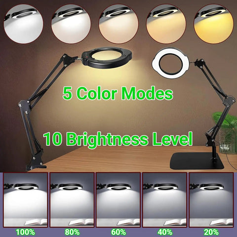 15X Magnifying Glass With Light And Stand For Crafting, Reading, And Repair Tasks, 5 Color Modes And 10 Brightness Levels