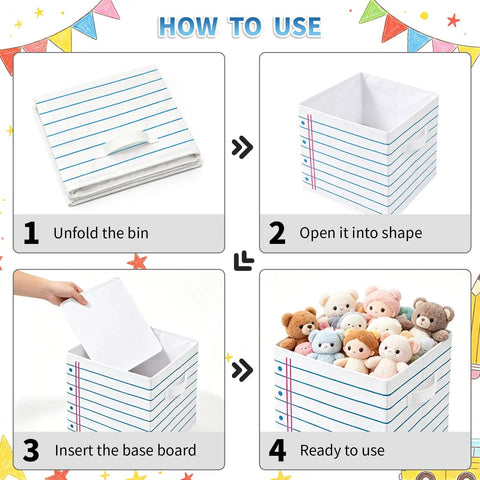 Six Pack Collapsible Fabric Storage Bins With Sturdy Handles For Classroom And Playroom, step-by-step how to use.