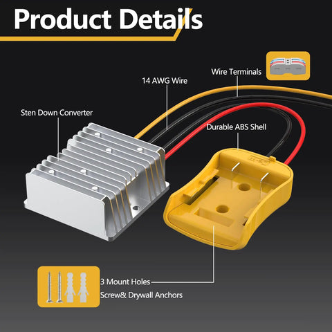 20V To 12V Step Down Power Inverter For Cordless Tool Batteries shown with components and wire terminals, 240W, 20A max.