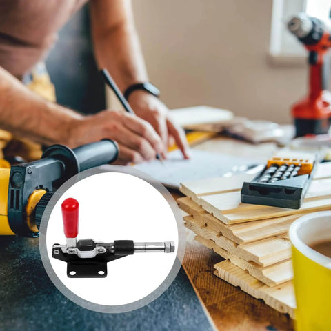 Push Pull Toggle Clamp 42mm Stroke Quick Locking Horizontal Clip Hand Tool shown in a woodworking setting