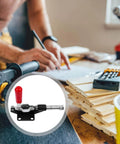Push Pull Toggle Clamp 42mm Stroke, Quick Lock Horizontal Clamp for woodworking fixtures on workbench with tools.