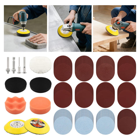 131Pcs 3 Inch Sanding Disc Drill Polishing Kit With Attachments For Drill Grinder Rotary Tools Dry Wet Headlight Restoration Car Polishing Glass Finishing Scum Removal Pro Grade DIY Buffing Kit with sanding discs, accessories, and drills in use