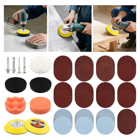 131Pcs 3 Inch Sanding Discs Drill Polishing Kit 60 To 10000 Grits Wet Dry Sandpaper Buffing Pads displayed with drill and tools.