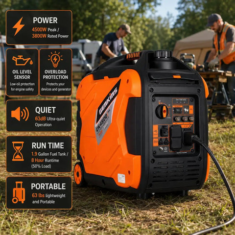 Portable Inverter Generator 4500W Gas Powered Pure Sine Wave For Camping And RV, sturdy orange casing, outdoors setting