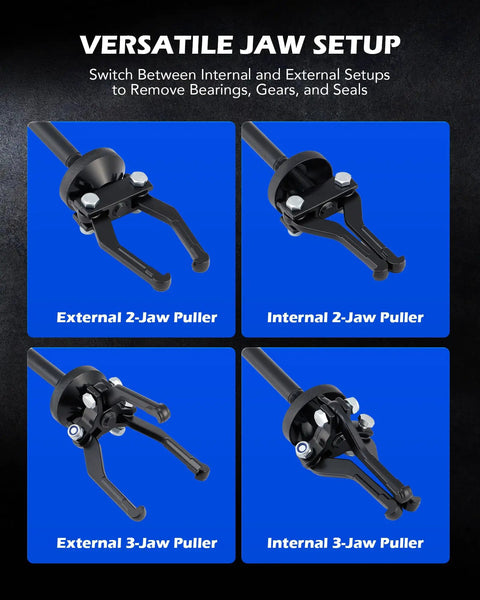 All In One Slide Hammer Puller Kit DIY Ready 22 Piece With One Inch To Two Inch And Seven Eighths Inch Adapters Front And Rear Axle Bearing Seal Remover Dent Repair Tool Set 2 Jaw And 3 Jaw Yokes showing external internal pullers