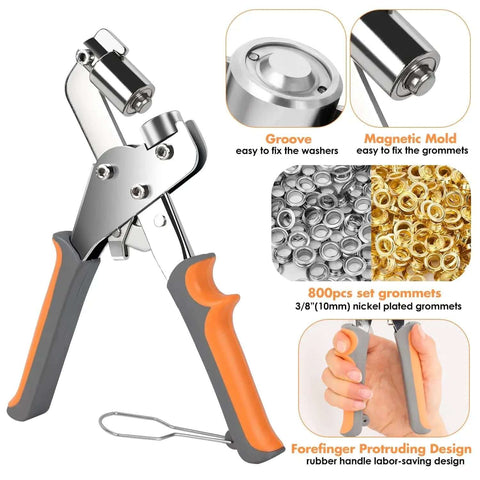 3/8 Inch Grommet Tool Kit With 800 Eyelets And Grommets, handheld metal pliers with ergonomic handle and nickel-plated grommets