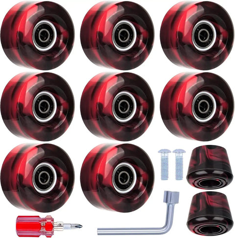 8 Pack Roller Skate Wheels With Bearings Installed And 2 Toe Stoppers For Quad Skates And Skateboards, 32mm By 58mm, 82A Hardness, Black And Red