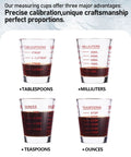 Two Pack Espresso Shot Glass Measuring Cup Set With Red Scale, showing measurements in tablespoons, milliliters, ounces, teaspoons.
