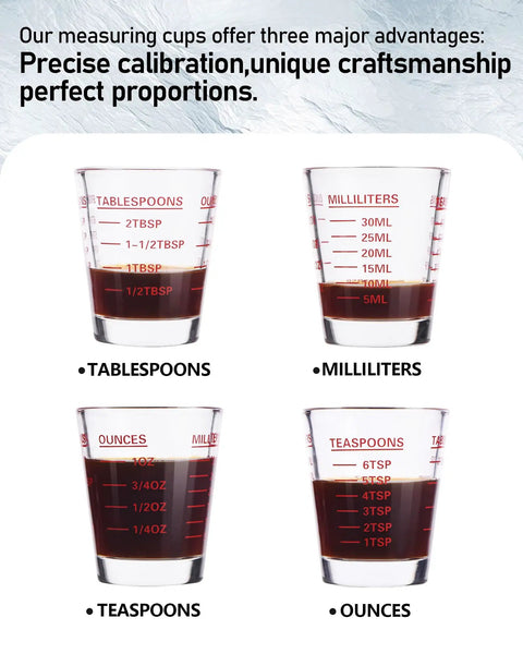 Two Pack Espresso Shot Glass Measuring Cup Set With Red Scale, showing measurements in tablespoons, milliliters, ounces, teaspoons.
