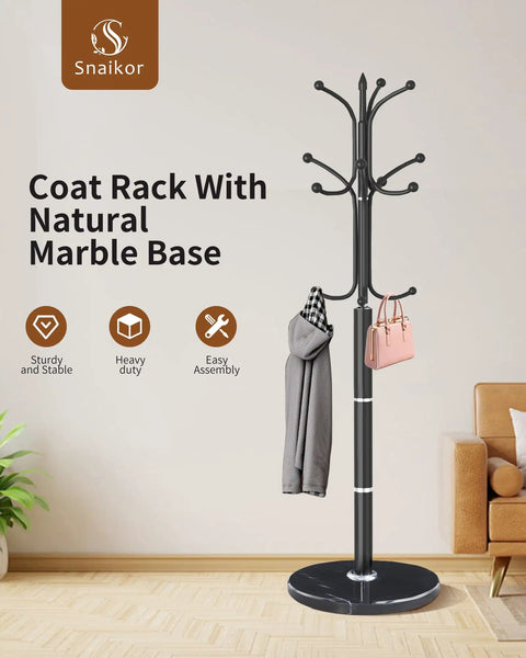 Metal Coat Rack Freestanding With Natural Marble Base, Dope Modern Black Coat Tree Stand With 12 Hooks For Entryway, Hallway, Office, Hats And Accessories Hanger Holder