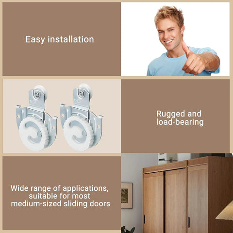 Sliding Closet Door Rollers Hardware Kit With Adjustable Mounting Hooks And Screws, Silver Finish, in use on medium doors