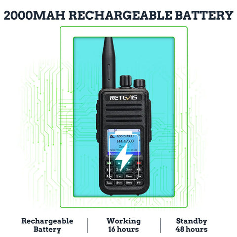 RT3S DMR Radio Dual Band Two Way Ham Radio, close-up showing 2000mAh battery capacity on digital display, OpenGD77 support.