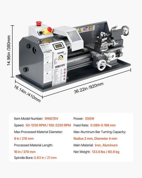 Powerful Benchtop Metal Lathe For Makers And Pros 8 x 16 Inch Turning Capacity shown with dimensions and specifications