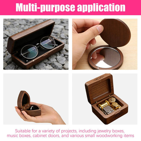 Set of small wooden boxes showcasing multi-purpose use with tools and accessories visible, hinting at hidden hinge functionality.