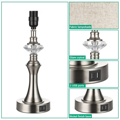 Bedside Table Lamp With Two USB Ports And Three Way Dimmable Touch Control, crystal accent and fabric shade, nickel finish base