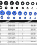 Bearing Press Kit 43 Piece Race And Seal Driver Set with knurled handles, metric and SAE adapters, size chart visible.