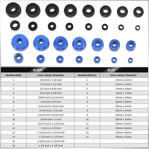 Bearing Press Kit 43 Piece Race And Seal Driver Set with knurled handles, metric and SAE adapters, size chart visible.