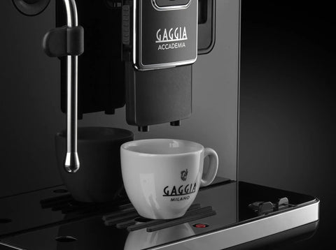 Close-up of Accademia Luxury Italian Fully Automatic Espresso Machine With 19 On Demand Beverages Massive Customization Glass Touchscreen Commercial Steam Wand Brushed Stainless Steel Build Made In Italy