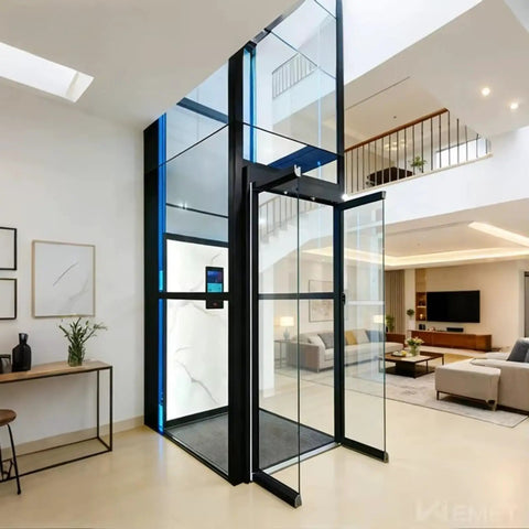 Hassle Free Residential Home Elevator No Pit Or Machine Room For Existing Homes Super Compact Indoor Space Saver installed in modern living room.