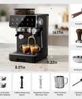 Compact Semi Automatic Espresso Machine With Built In Burr Grinder And Steam Frother 20 Bar Pressure Quick Heat with coffee extraction.