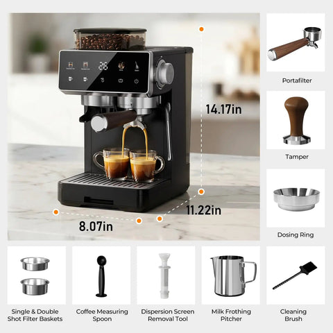 Compact Semi Automatic Espresso Machine With Built In Burr Grinder And Steam Frother 20 Bar Pressure Quick Heat with coffee extraction.