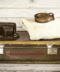 Leather Drawer Pulls Set Of 2 With Mounting Screws Brown PU Leather Trunk Handles on suitcase with folded sweater and belt