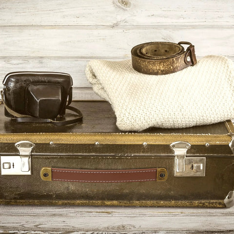 Leather Drawer Pulls Set Of 2 With Mounting Screws Brown PU Leather Trunk Handles on suitcase with folded sweater and belt