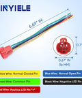 Wiring socket plug for 12V Latching Push Button Switch With Waterproof LED Ring Red Light, showing wire color codes and dimensions.