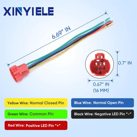 Wiring socket plug for 12V Latching Push Button Switch With Waterproof LED Ring Red Light, showing wire color codes and dimensions.