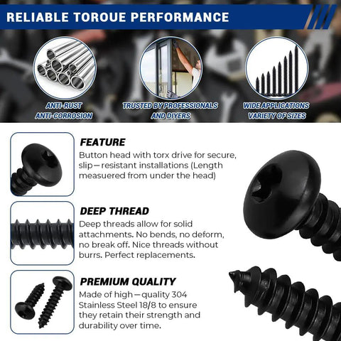 50 Pack Black Torx Pan Head Sheet Metal Screws 304 Stainless Steel Built Like A Tank Heavy Duty Fasteners T30 Drive with smooth texture and detailed features.