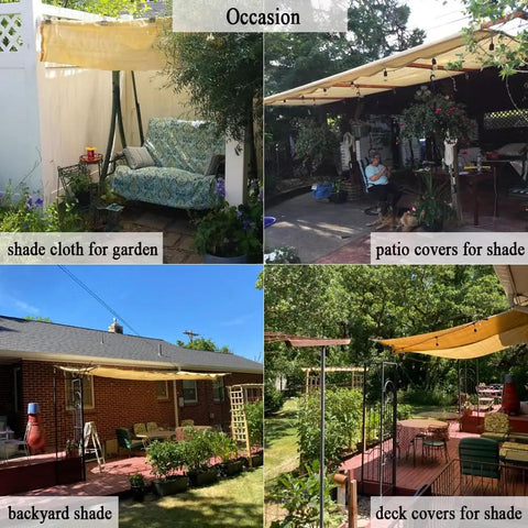 Collage of 90 Percent UV Blocking Shade Cloth 12x20 Ft Pergola Shade Cover With Reinforced Grommets Privacy Screen for garden and patio.