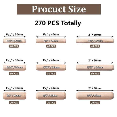 Pro Grade Top Shelf Fluted Hardwood Dowel Pin Multi Pack For Woodworking Craft Assembly And Diy Projects Hella Smooth Kiln Dried Finish With Straight Up Tight Grip showing 270 pieces in assorted sizes.